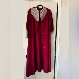 Lorraine Vintage Flannel Maroon Floral Bow Long Nightgown with Buttons